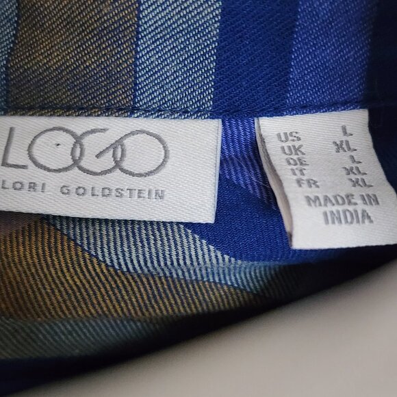 Logo by Lori Goldstein Shirt Womens Size L Large Blue Plaid Lace Detail Button - Picture 5 of 8